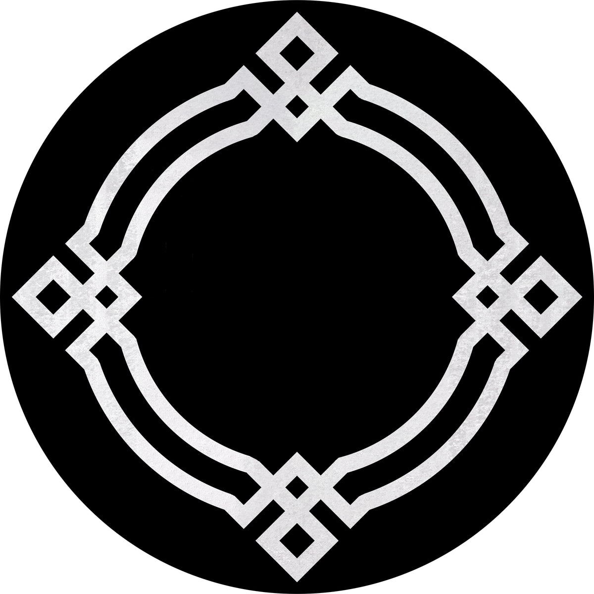 The Subtle Border - Washable Rug - JR597 is a symmetrical black circular rug with a silver geometric border of interlocking diamonds and curves, creating an ornate empty center. Ideal for high-traffic areas and easy to clean.