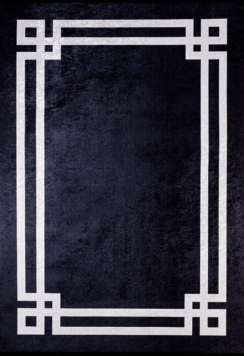 Load image 1 in gallery view. The Subtle Border - Washable Rug - JR597 (Custom Size) is a rectangular black rug with a light gray geometric double-line border and interlocking corners—modern, symmetrical, and ideal for high-traffic areas.