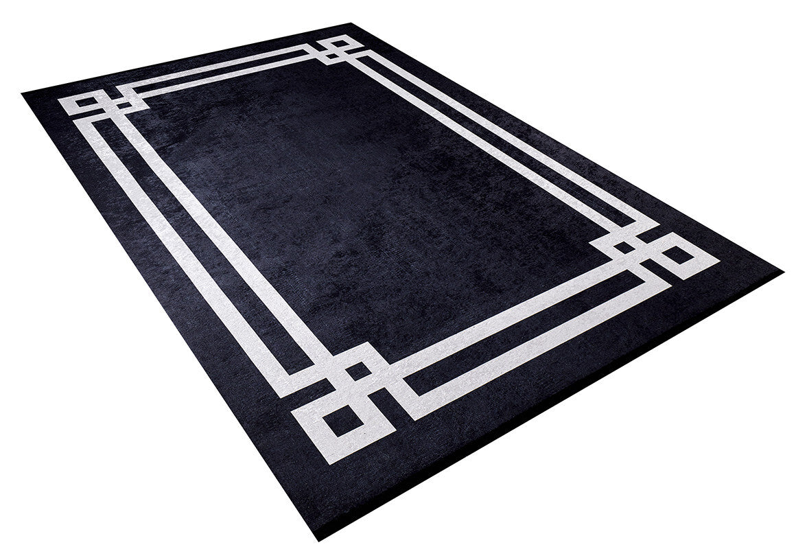 The Subtle Border - Washable Rug - JR597 (Custom Size) is a rectangular black rug with a geometric white double-line border and interlocking corners, ideal for high-traffic areas and shown on a white background.