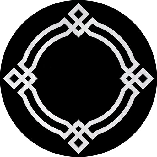 Load image 1 in gallery view. The Subtle Border - Washable Rug - JR597 (Custom Size) features a circular black base with a silver geometric border, accented with diamond motifs. Its open center design makes it perfect for stylish, high-traffic spaces and easy to clean.