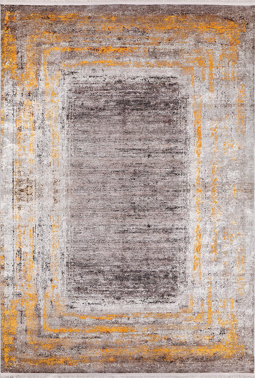 Load image 1 in gallery view. The Subtle Elegance - Washable Rug - JR1174 features a distressed modern design with layered uneven borders in gray, yellow, and bronze. Its weathered look and large faded gray center make it perfect for high-traffic areas.
