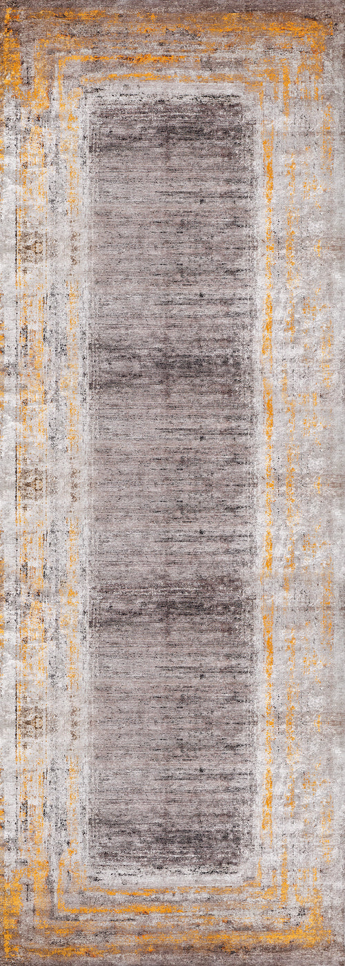 Load image 1 in gallery view. The Subtle Elegance - Washable Rug - JR1174 features a rectangular shape with a faded gray center and distressed gold and white border. Its abstract, vintage design is perfect for high-traffic areas, adding character to any busy space.