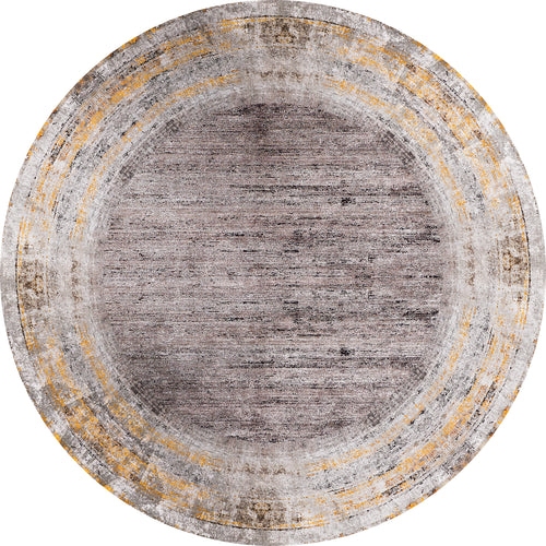 Load image 1 in gallery view. The Subtle Elegance - Washable Rug - JR1174 is a round rug with a distressed gray-brown center, faded yellow, beige, and gray borders, plus subtle corner patterns—perfect for high-traffic spaces.
