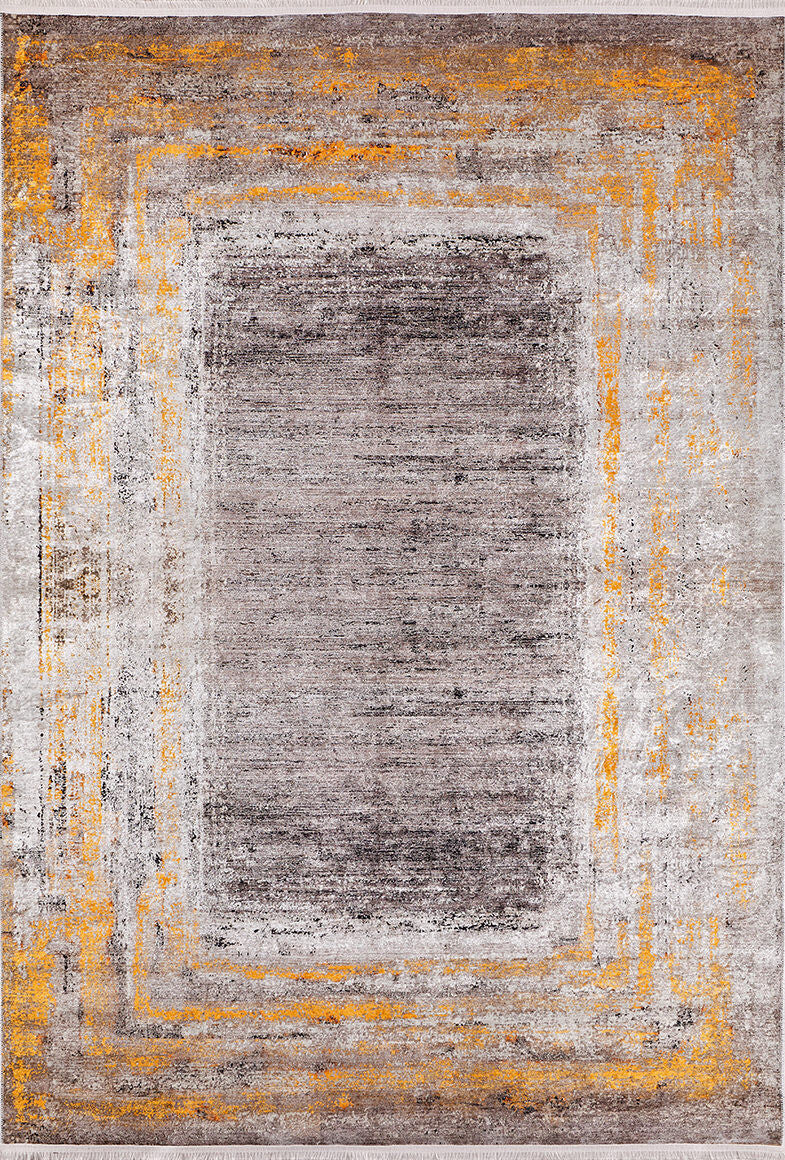 The Subtle Elegance - Washable Rug - JR1174 (Custom Size) features layered rectangular patterns in gray, beige, and mustard yellow for a modern, distressed look—ideal for high-traffic areas with its textured, abstract design.