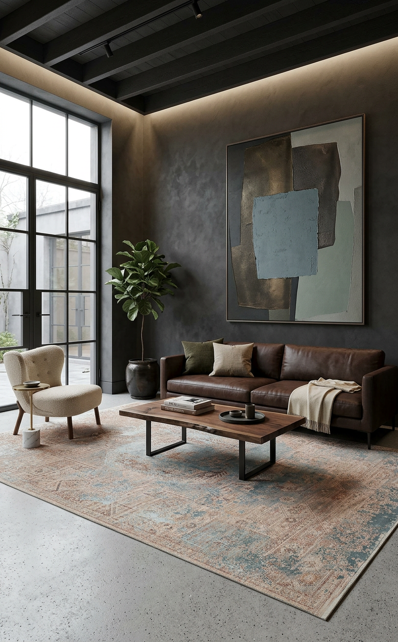 Distressed terracotta and blue traditional-patterned rug in a modern living room with a leather sofa.