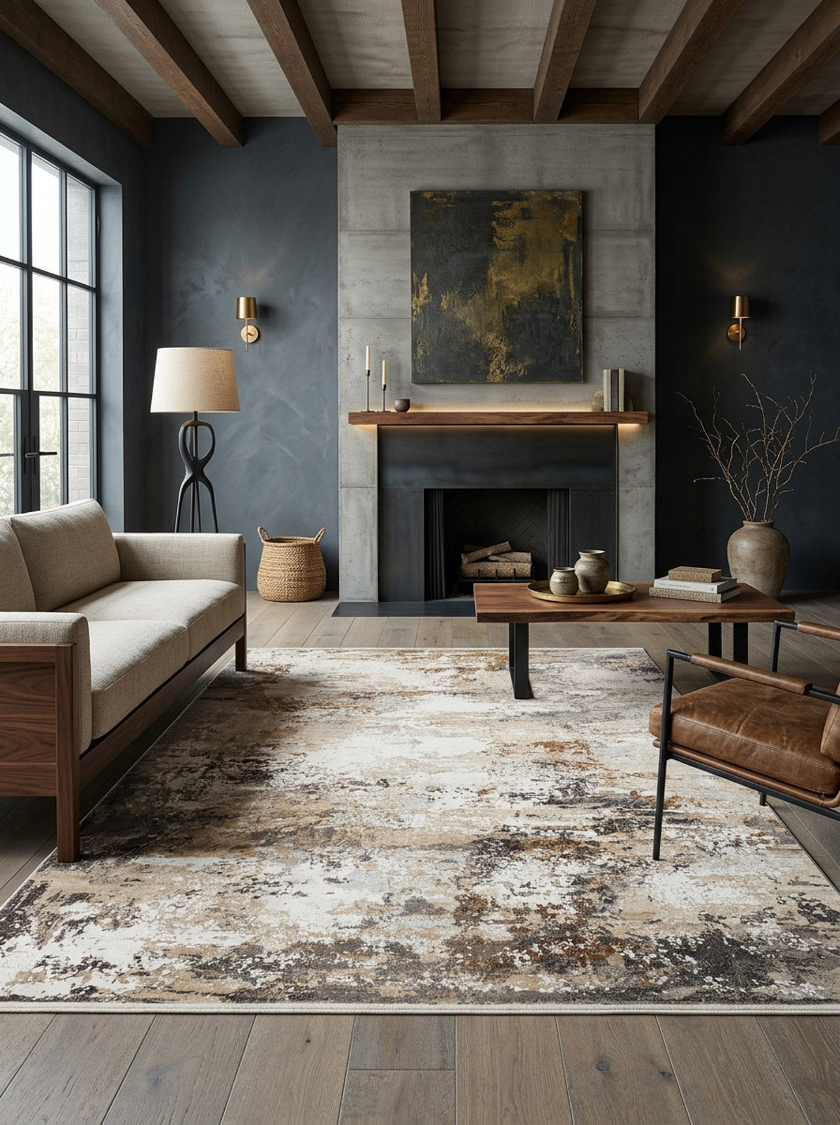 Abstract distressed rug in cream, brown, and charcoal, styled in a modern living room with a fireplace.