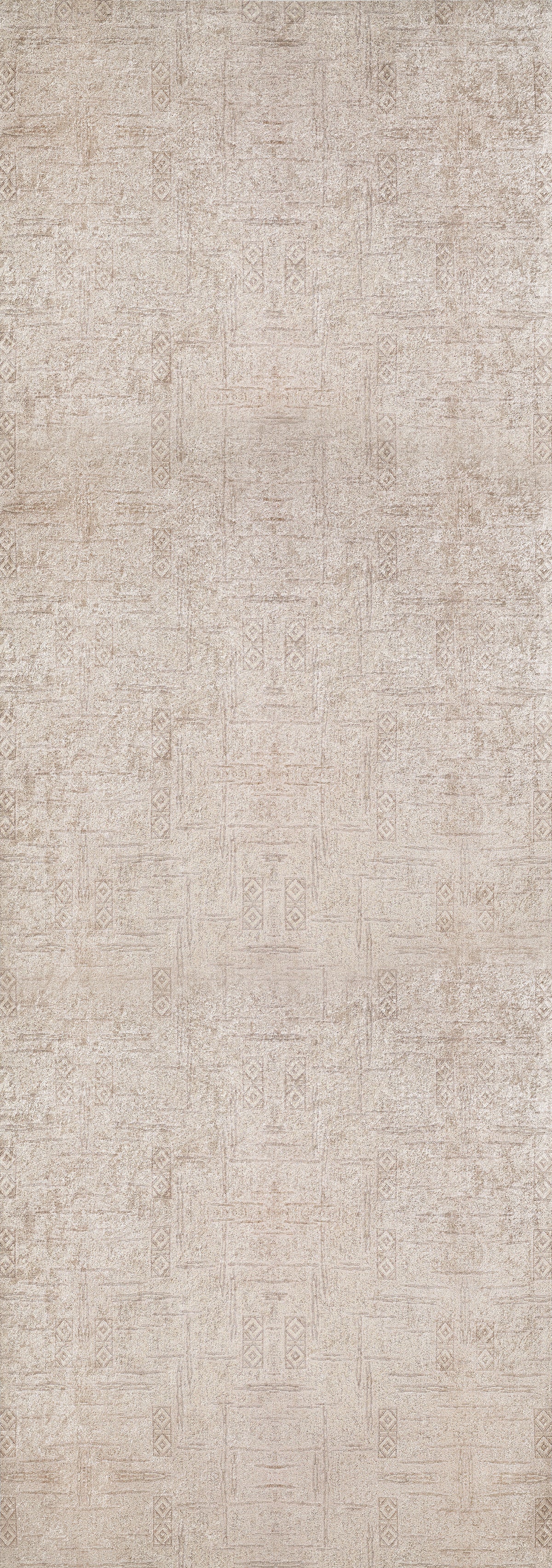 The Sunset Fade - Washable Rug - JR1878 features a beige, textured background with subtle geometric and tribal patterns, offering a vintage, distressed look. Its soft, rustic style is perfect for high-traffic areas and easy to maintain.