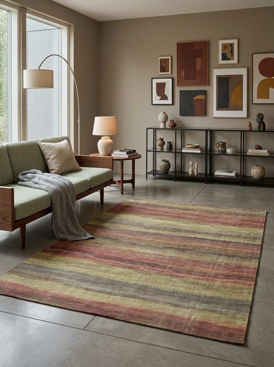 Multi-colored striped rug in red, yellow, and grey tones, styled in a modern living room.
