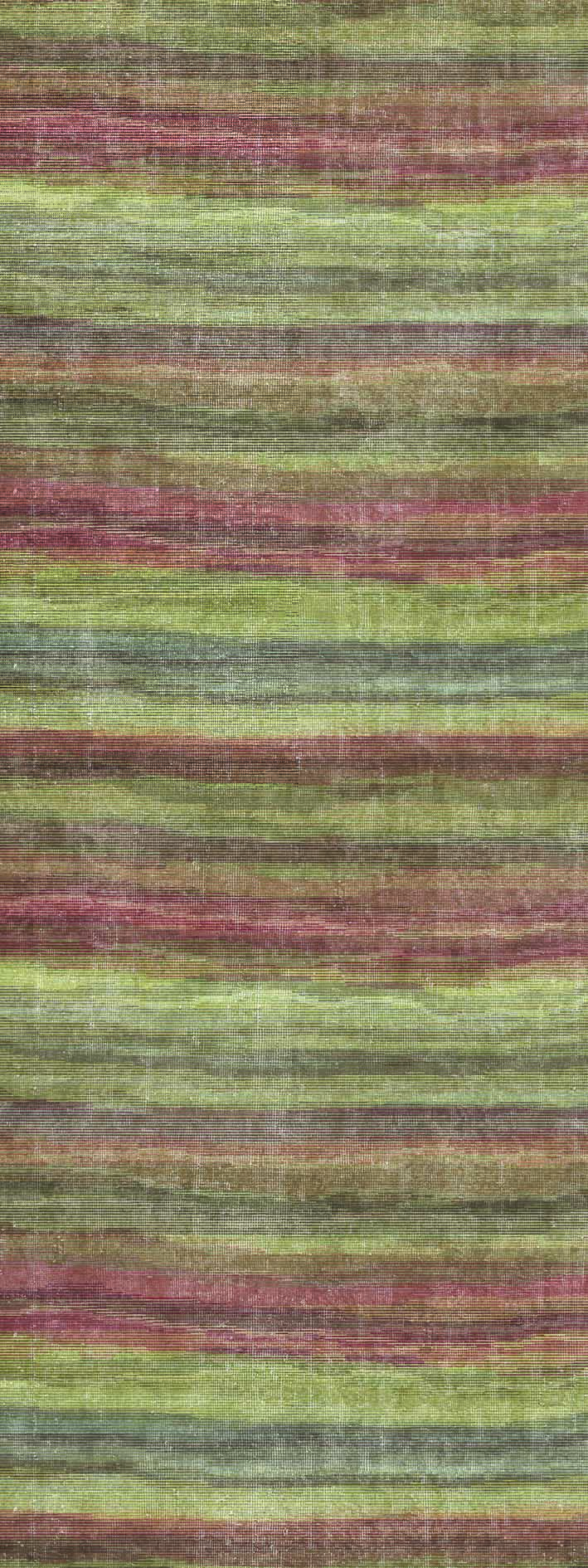 Distressed rug with horizontal stripes in muted tones of red, olive green, grey, and brown.