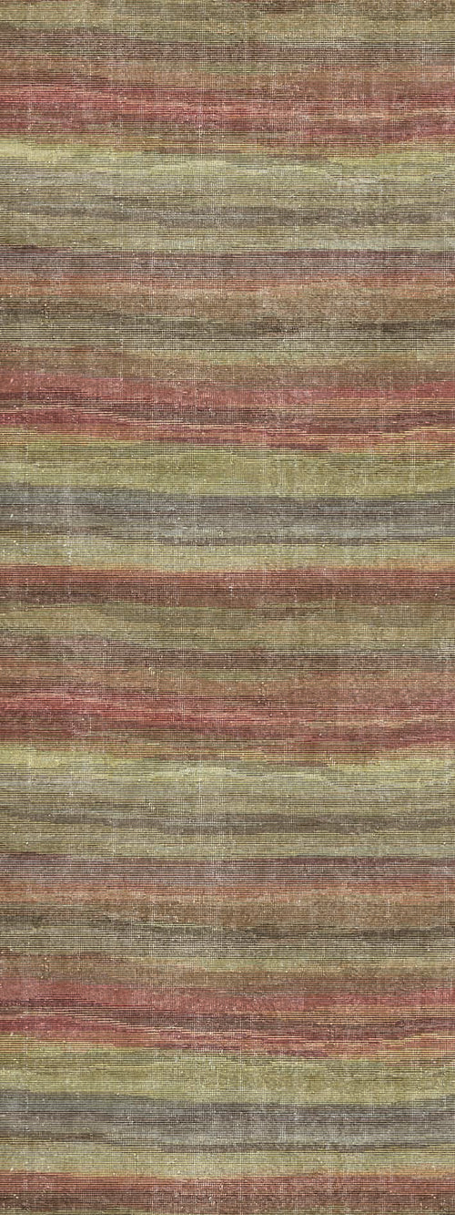Load image 1 in gallery view. Distressed rug with horizontal stripes in muted tones of red, olive green, grey, and brown.