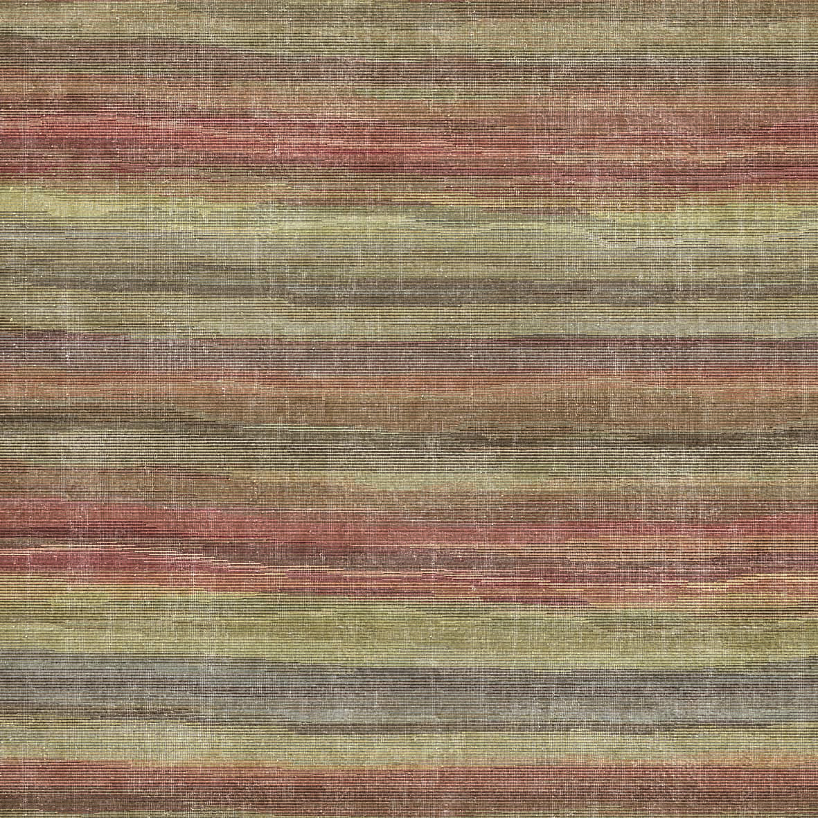 Multi-colored rug with horizontal stripes in muted tones of olive green, rust red, brown, and grey.