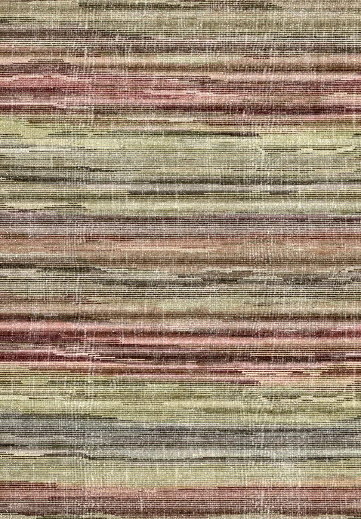 Multi-colored rug with horizontal stripes in muted red, olive green, and grey with a distressed, textured finish.