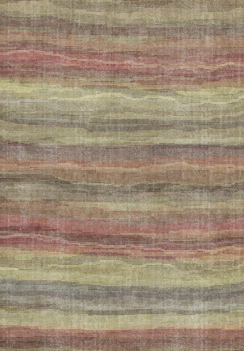 Load image 1 in gallery view. Multi-colored rug with horizontal stripes in muted red, olive green, and grey with a distressed, textured finish.
