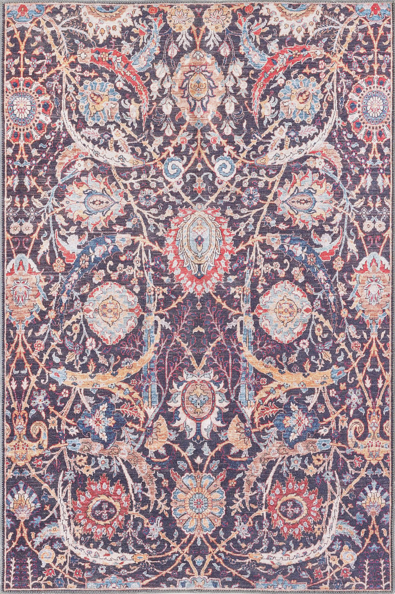 The Sylvanor Colorful Washable Rug - LCC3017 features Persian-inspired floral and vine motifs in red, gold, blue, and ivory on a purple background—perfect for high-traffic areas with its ornate design and detailed borders.