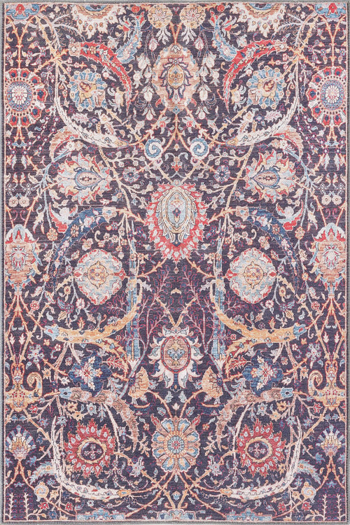 Load image 1 in gallery view. The Sylvanor Colorful Washable Rug - LCC3017 features Persian-inspired floral and vine motifs in red, gold, blue, and ivory on a purple background—perfect for high-traffic areas with its ornate design and detailed borders.