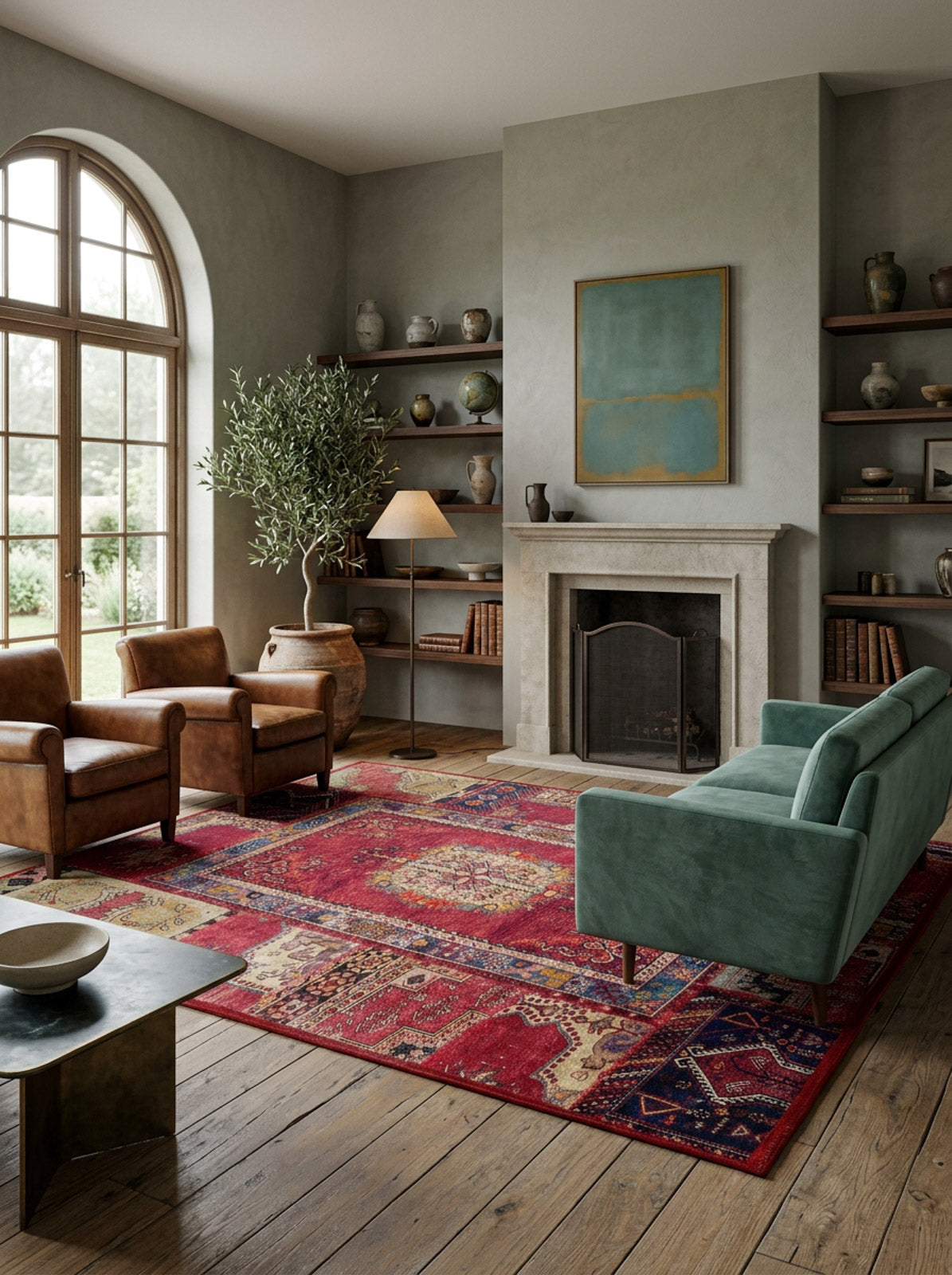 Red and blue traditional Persian-style rug with a distressed medallion pattern, styled in a living room.