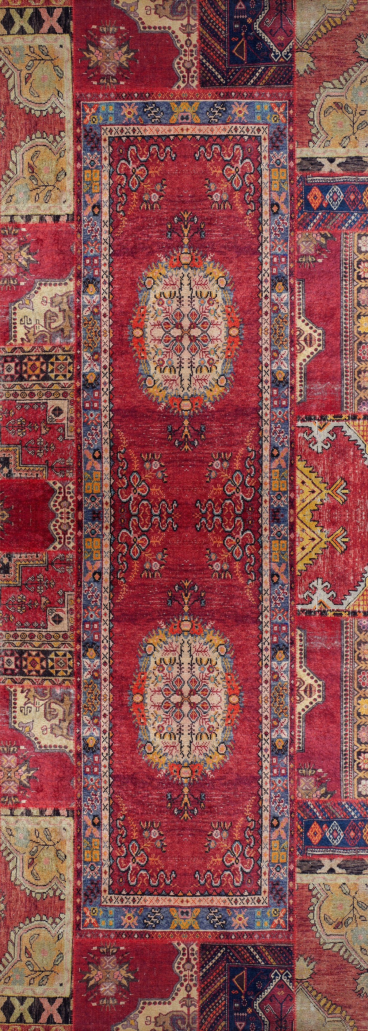 The Tapestry Tango - Washable Rug - JR313 is a rectangular, vintage-style red rug with a rich center, floral medallions, and ornate beige, blue & gold borders—washable for high-traffic areas and featuring symmetrical patterns and detailed designs.