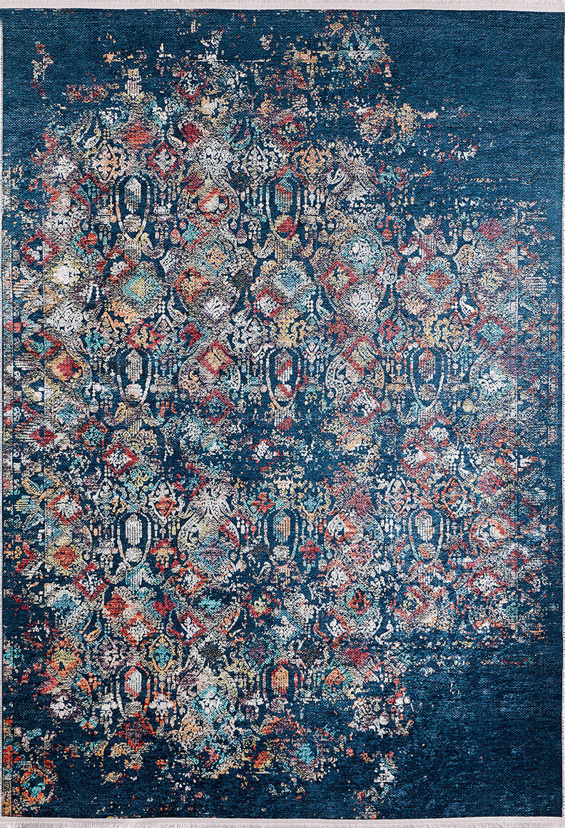 The Tarnished Elegance - Washable Rug - JR1095 (Custom Size) features an intricate, distressed pattern in vibrant colors on a dark blue background, making it perfect for high-traffic areas and adding vintage style to any space.