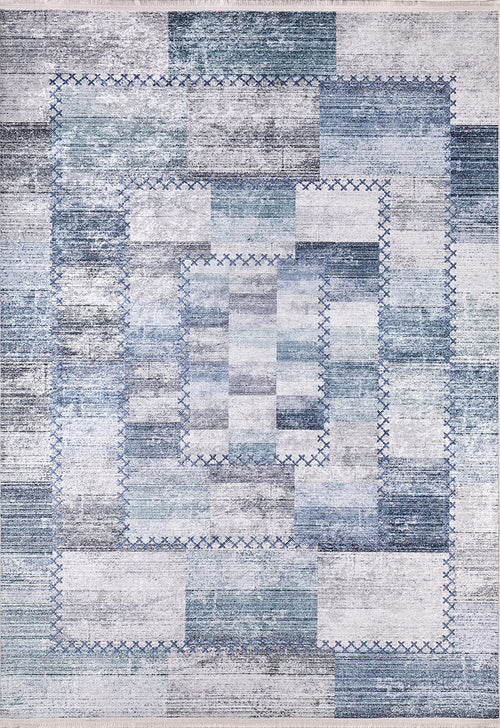 Load image 1 in gallery view. The Tartan Twist - Washable Rug - JR31 (Custom Size) features overlapping blue, gray, and white rectangles with cross-stitch-style borders for a layered modern look. Stylish and practical, this rug is machine-washable.