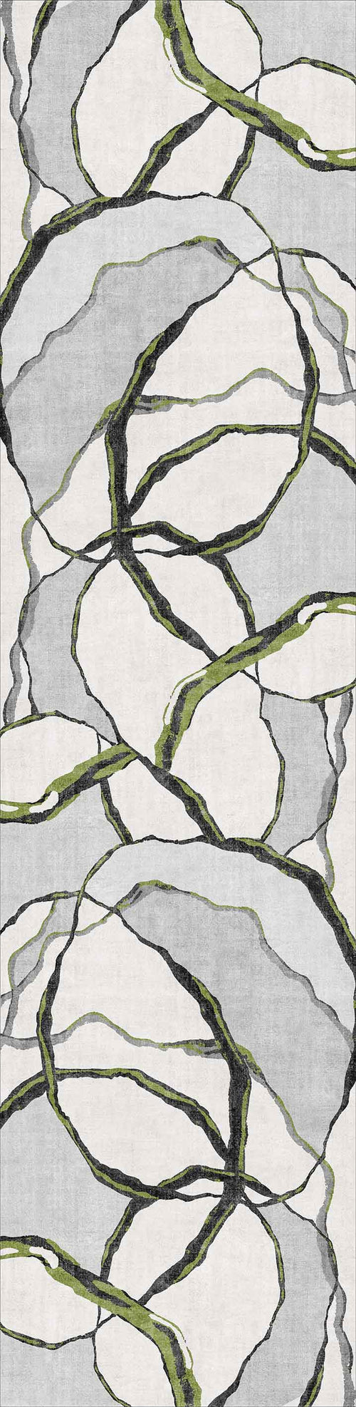 Bild 1 in Galerieansicht laden. The Tattered Grace - Washable Rug - JRN49 features an abstract pattern of overlapping circles in black, gray, and green on light gray. Its modern design evokes organic lines or tree branches, adding natural appeal to any space.