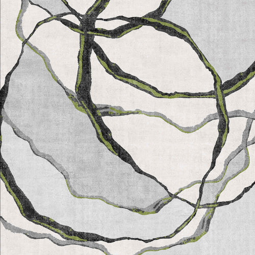 Load image 1 in gallery view. The Tattered Grace - Washable Rug - JRN49 (Custom Size) features overlapping, wavy lines in black, gray, and green on light gray for a modern, organic look reminiscent of flowing vines or roots.