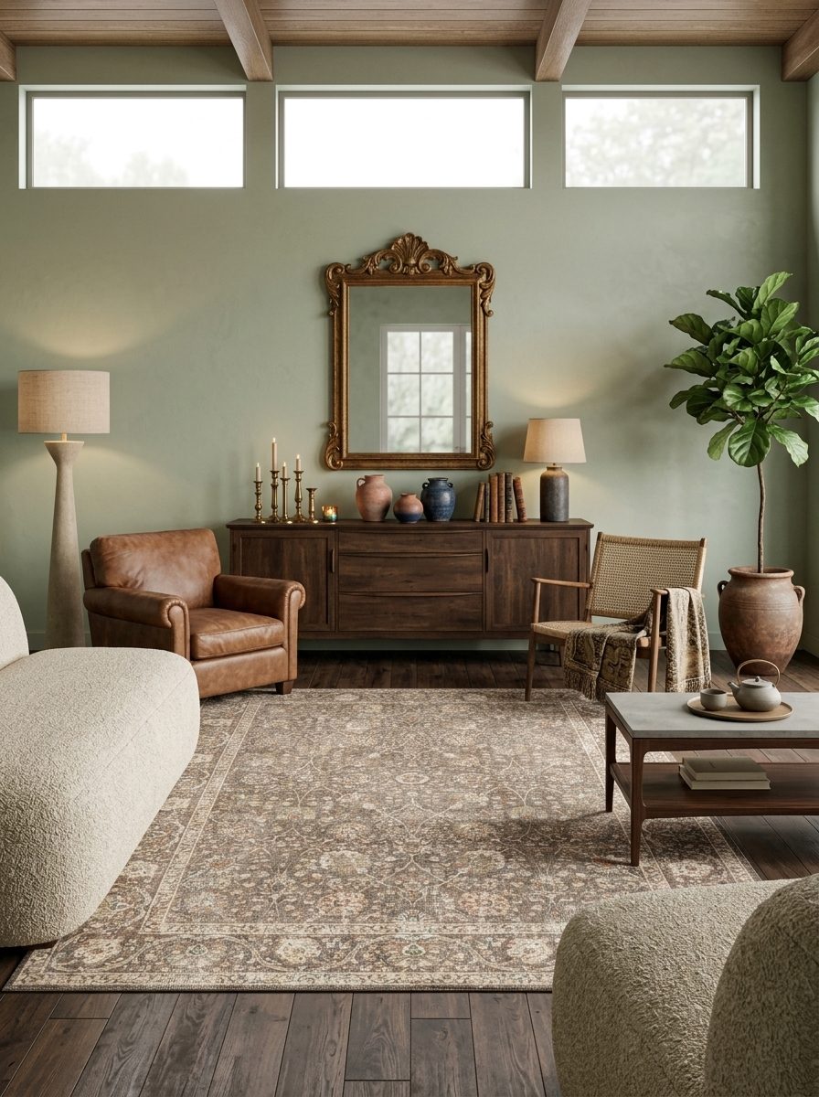 Brown and beige traditional medallion rug with a distressed border, styled in a sage green living room.
