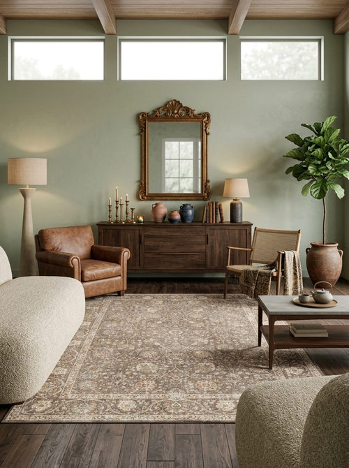 Load image 1 in gallery view. Brown and beige traditional medallion rug with a distressed border, styled in a sage green living room.