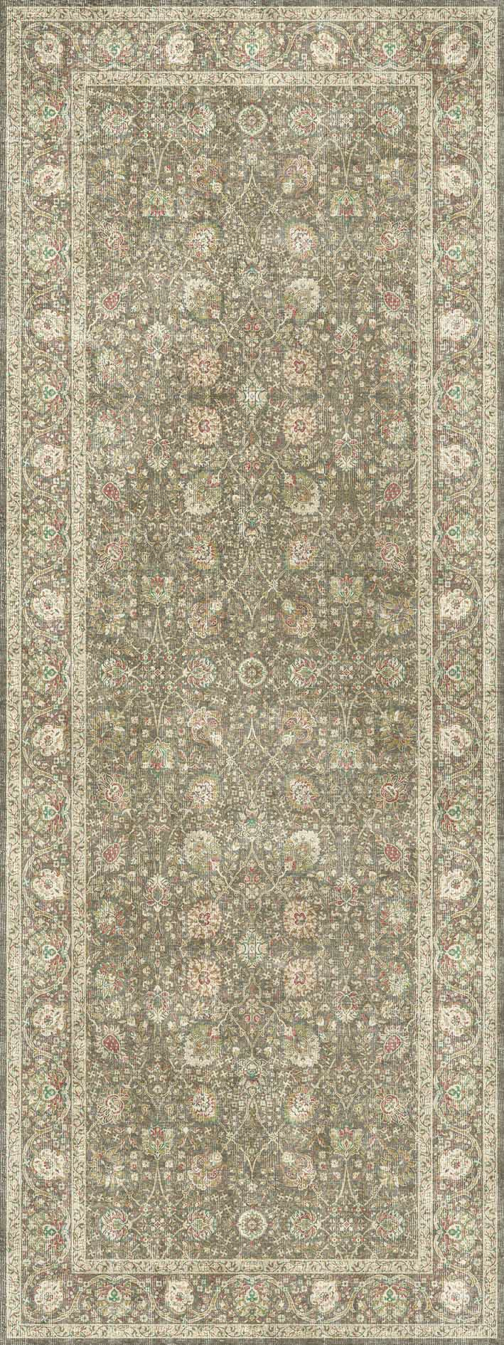 Brown runner rug with a distressed traditional floral medallion pattern and a cream border.