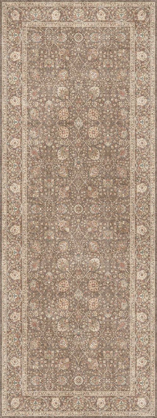 Load image 1 in gallery view. Brown runner rug with a distressed traditional floral medallion pattern and a cream border.