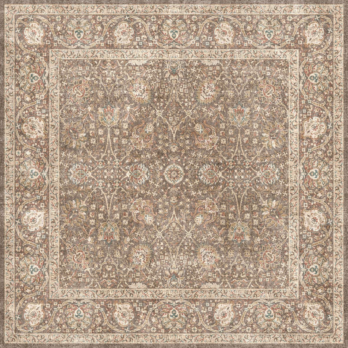 Brown traditional rug with a distressed floral medallion pattern and a decorative border in cream, rust, and teal.
