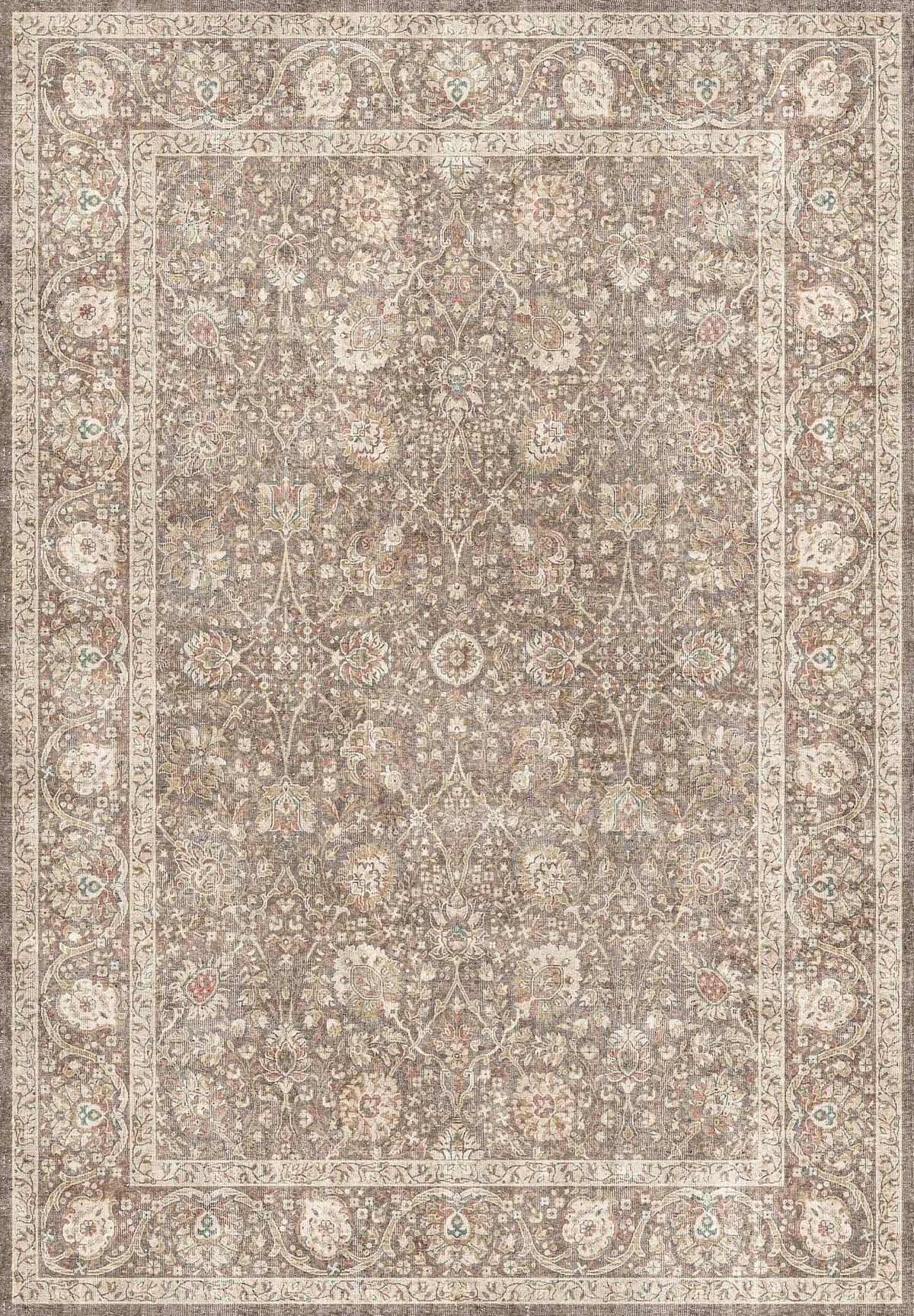 Taupe and cream traditional rug with a distressed floral medallion pattern and an ornate border.