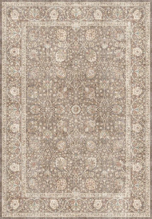 Load image 1 in gallery view. Taupe and cream traditional rug with a distressed floral medallion pattern and an ornate border.