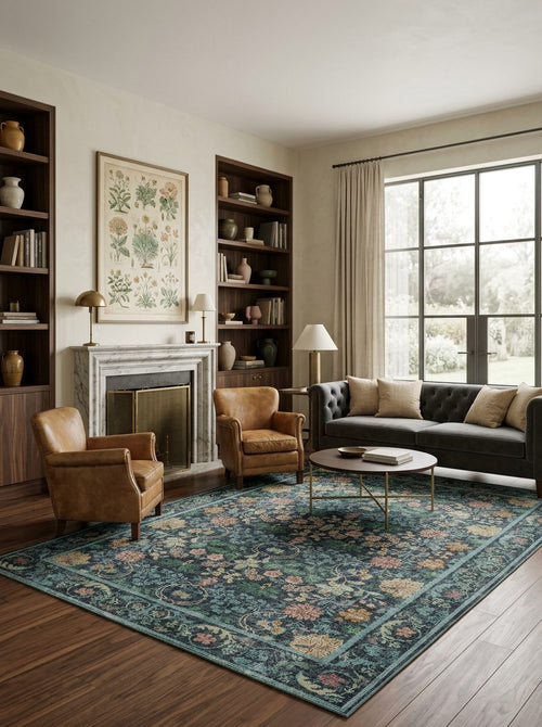 Load image 1 in gallery view. Dark teal traditional rug with a multi-colored floral pattern, styled in a classic living room with leather armchairs.
