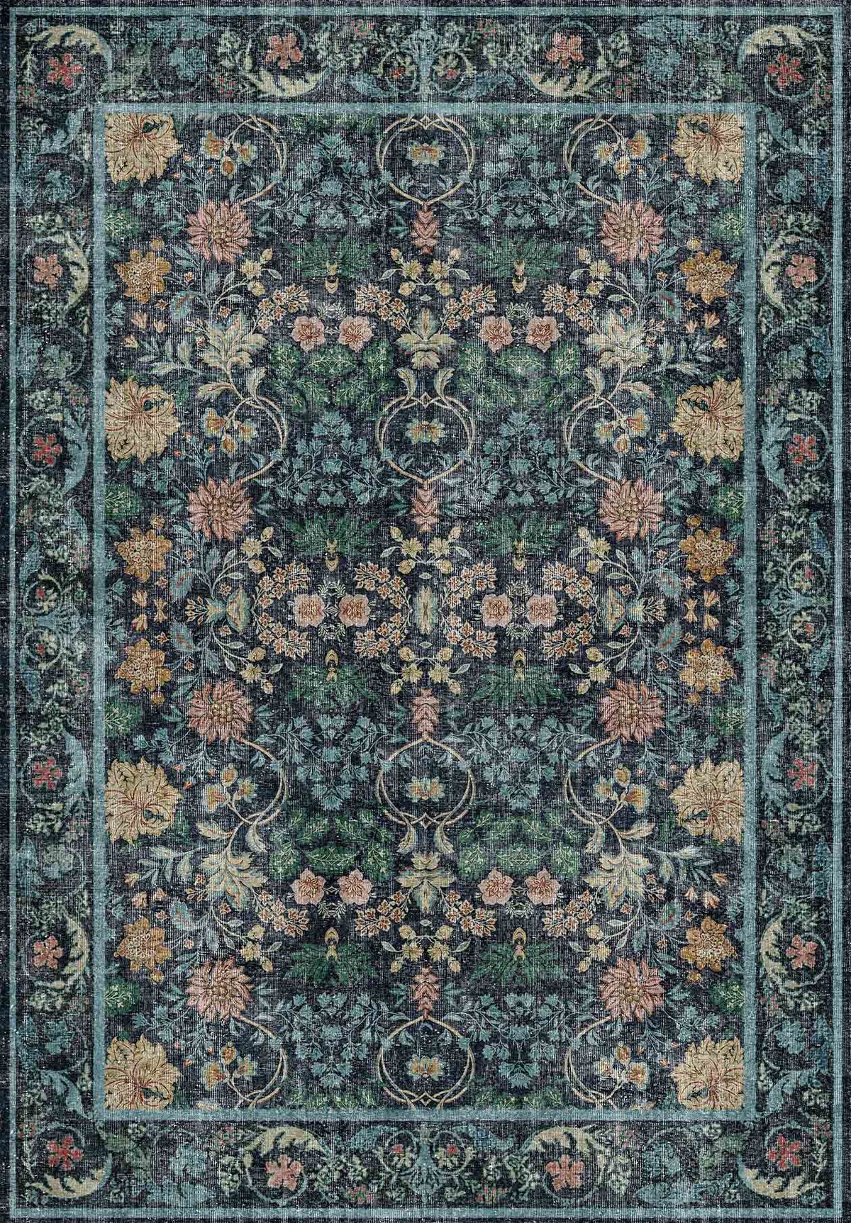 Dark charcoal rug with a traditional floral pattern in muted pink, gold, and teal, featuring a decorative border.