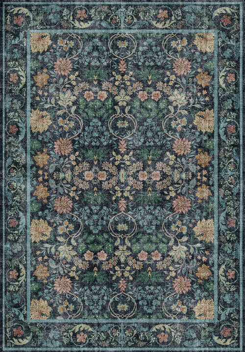Load image 1 in gallery view. Dark charcoal rug with a traditional floral pattern in muted pink, gold, and teal, featuring a decorative border.