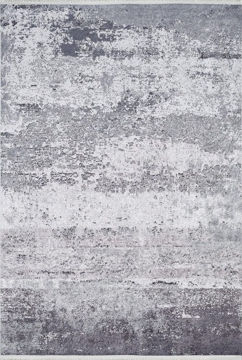 Load image 1 in gallery view. The Techno Flux - Washable Rug - JR1814 (Custom Size) features a gray and white abstract, distressed pattern with blended horizontal streaks—ideal for high-traffic areas and easy to clean.