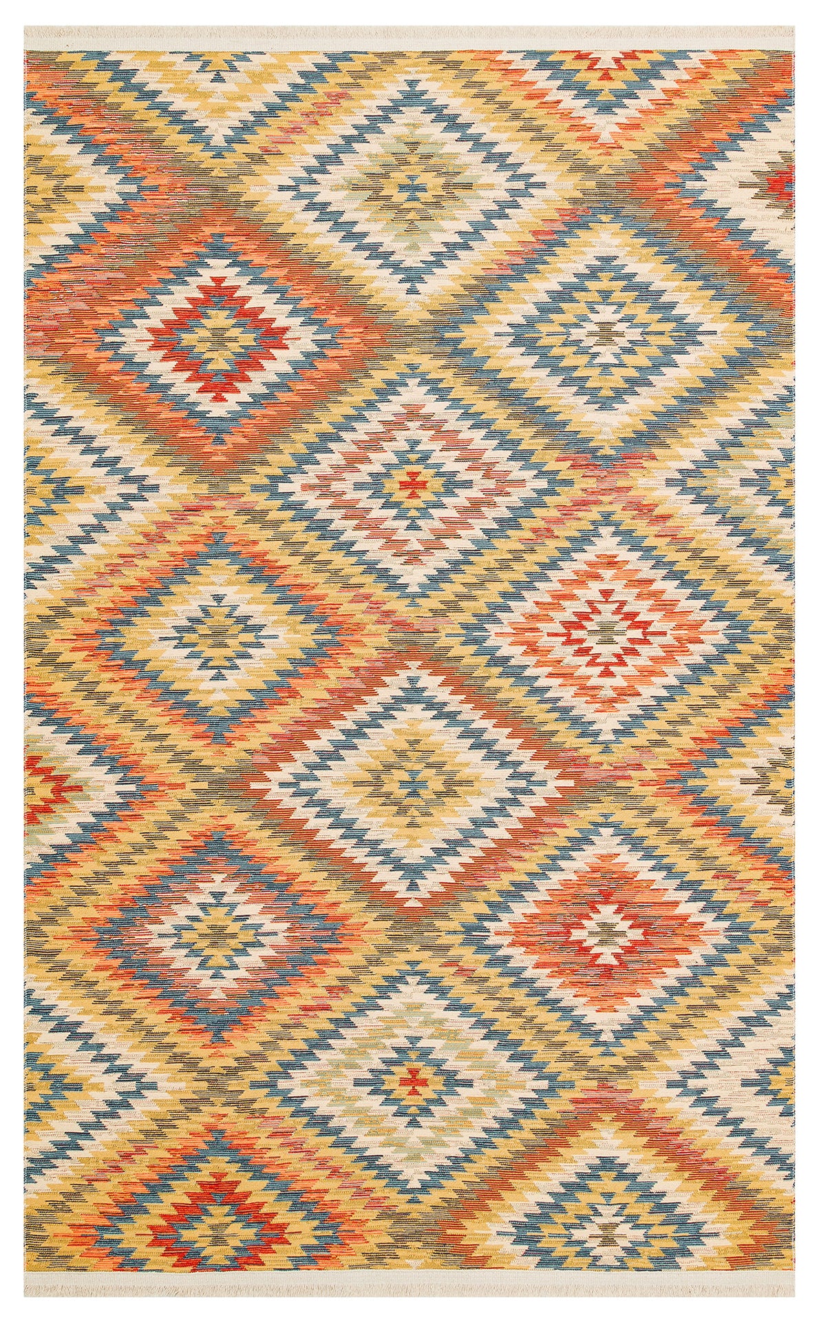 The Terra Thread - Washable Reversible Kilim - NMD07 features a repeating diamond pattern in red, yellow, blue, and cream with geometric zigzag designs, offering a warm southwestern or tribal style perfect for any space.