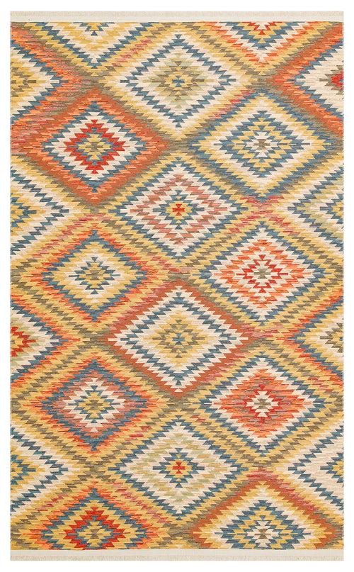 Load image 1 in gallery view. The Terra Thread - Washable Reversible Kilim - NMD07 features a repeating diamond pattern in red, yellow, blue, and cream with geometric zigzag designs, offering a warm southwestern or tribal style perfect for any space.
