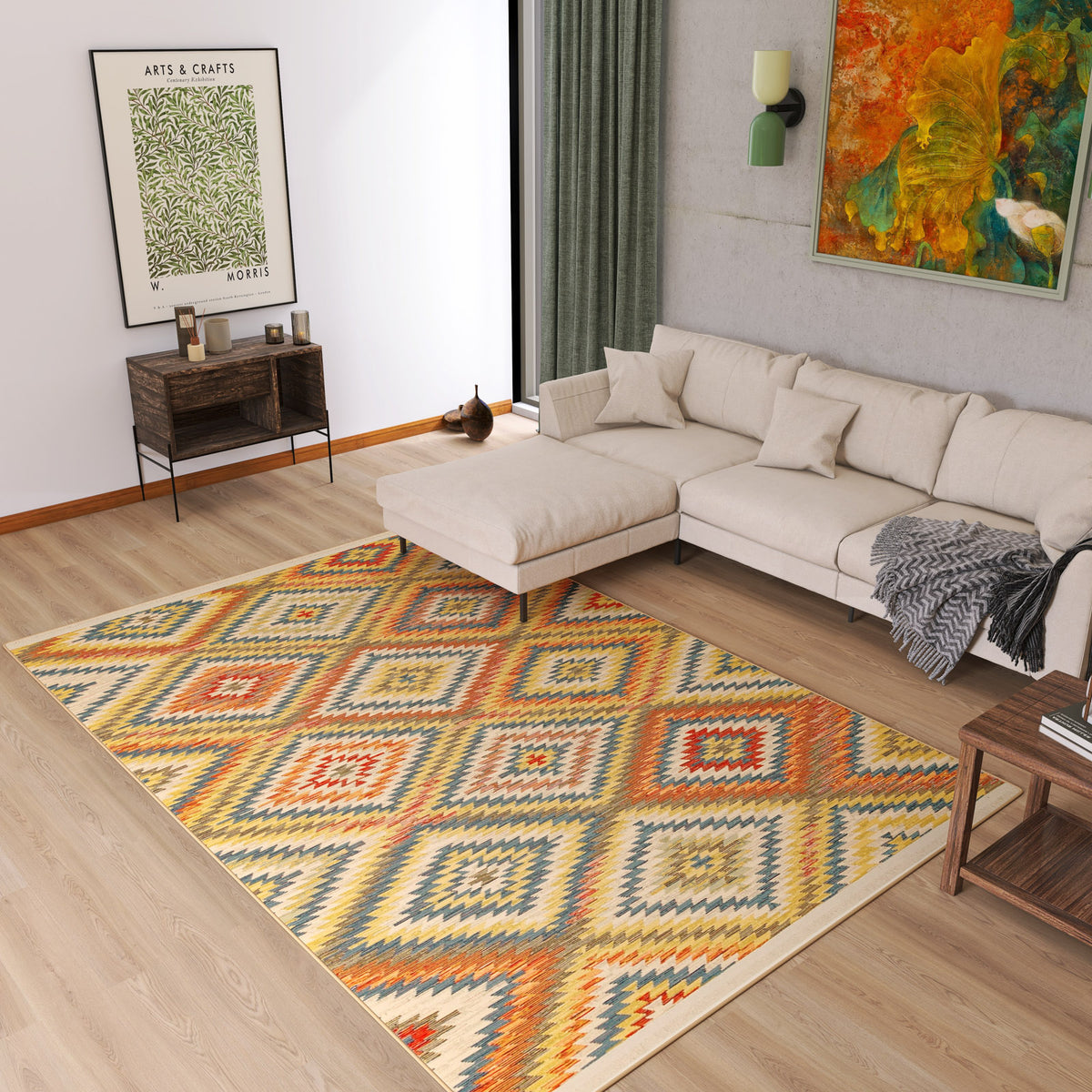 A modern living room featuring a beige sectional sofa, the Terra Thread - Washable Reversible Kilim - NMD07 in colorful geometric patterns, a wooden sideboard with framed art above, green curtains, abstract wall art, light wood floors, and neutral walls.