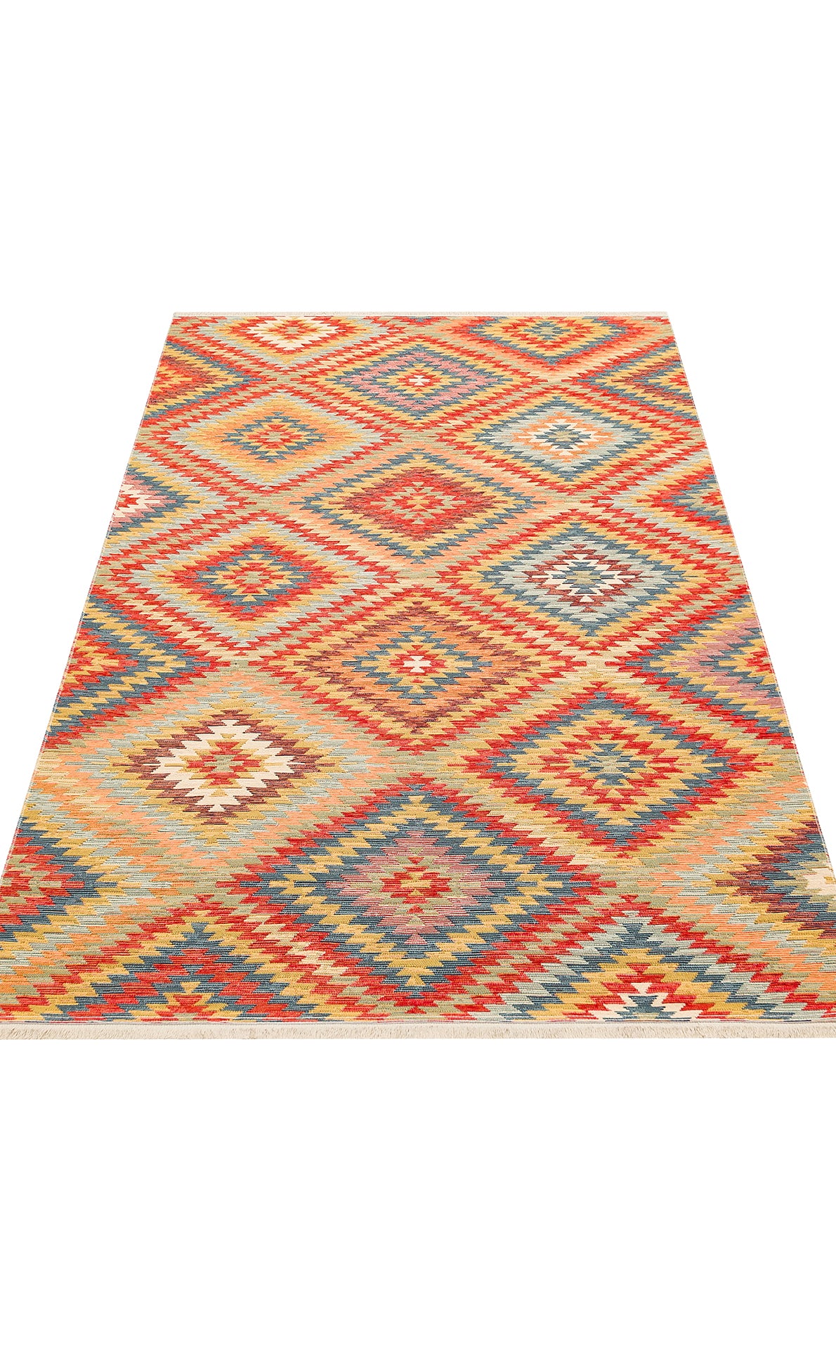 The Terra Thread Washable Reversible Kilim NMD07 features a vibrant geometric diamond pattern in red, orange, yellow, blue, and beige. Its symmetrical tribal design adds bold style to any space and is easy to clean for everyday use.