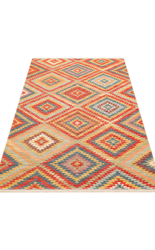 Load image 1 in gallery view. The Terra Thread Washable Reversible Kilim NMD07 features a vibrant geometric diamond pattern in red, orange, yellow, blue, and beige. Its symmetrical tribal design adds bold style to any space and is easy to clean for everyday use.