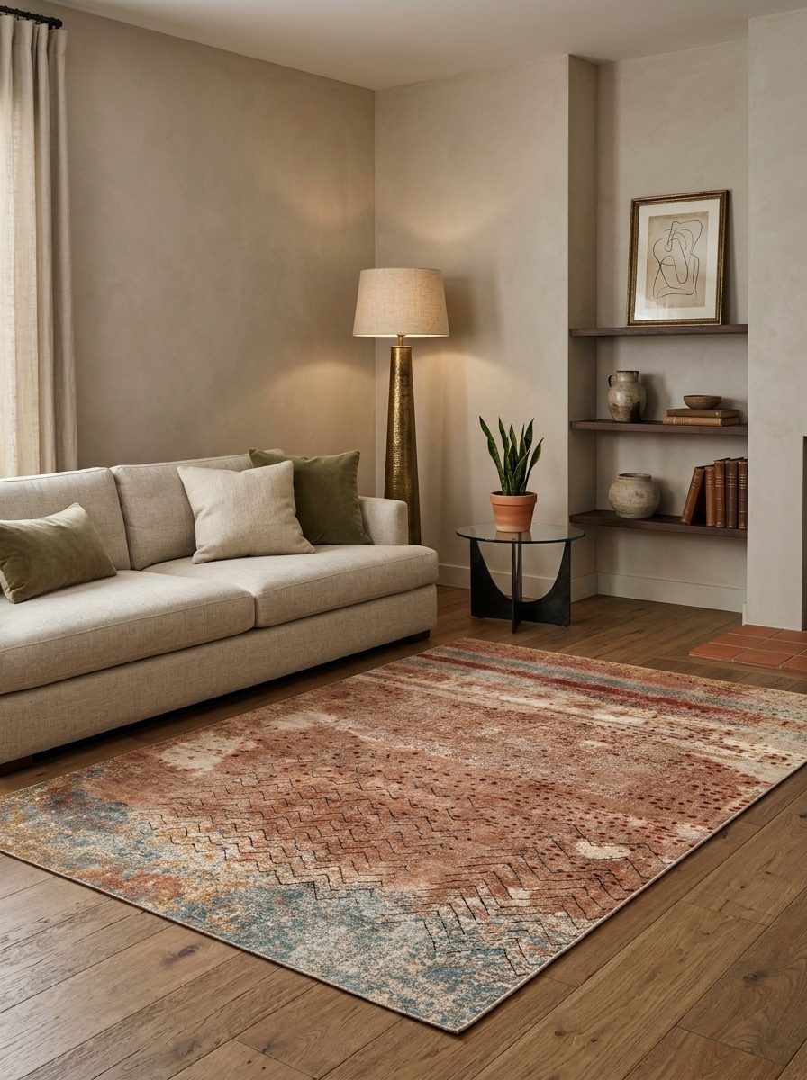 Rust, blue, and cream distressed rug with a geometric chevron pattern, styled in a neutral living room.