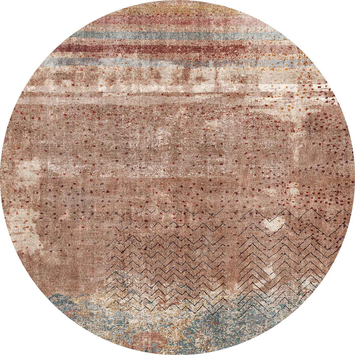 Round rug with a distressed terracotta, blue, and cream abstract pattern featuring horizontal stripes and chevron lines.