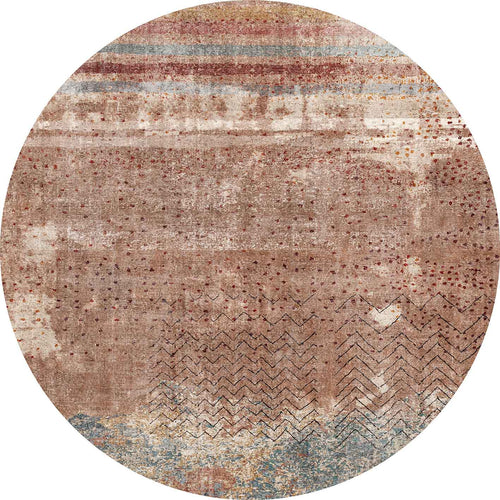 Load image 1 in gallery view. Round rug with a distressed terracotta, blue, and cream abstract pattern featuring horizontal stripes and chevron lines.