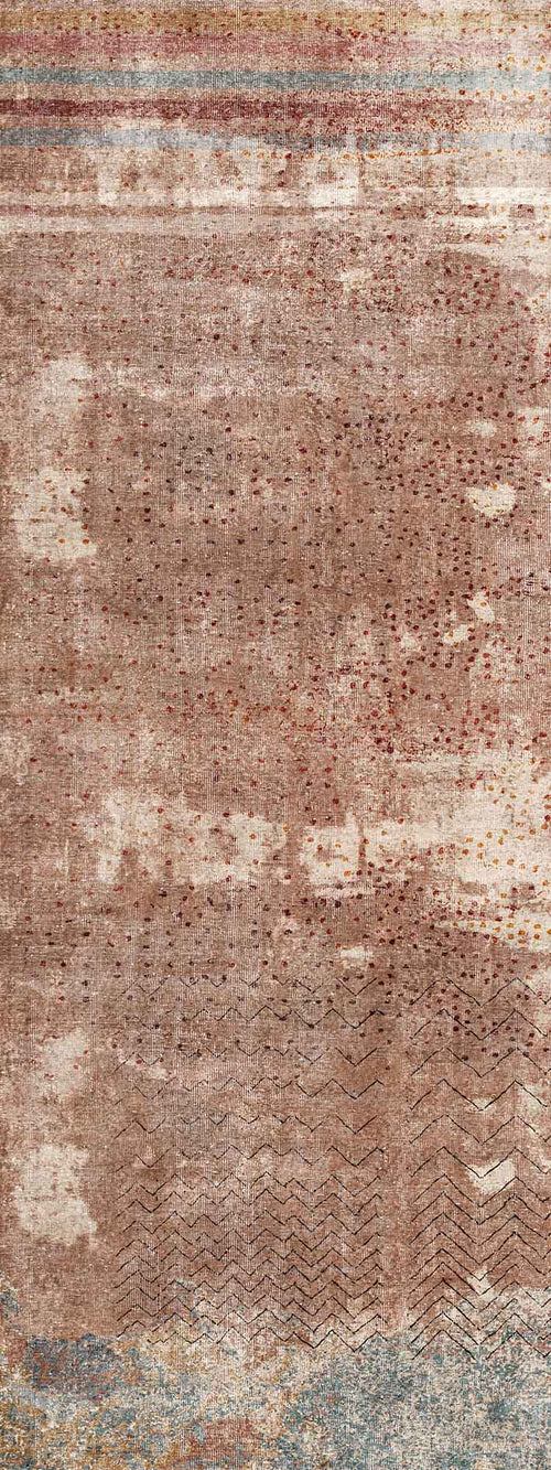 Load image 1 in gallery view. Terracotta rug with a distressed texture, dotted pattern, chevron accents, and horizontal striped borders.