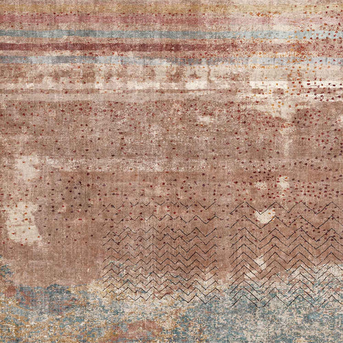 Load image 1 in gallery view. Abstract rug with terracotta, blue, and cream tones, featuring horizontal stripes, dotted textures, and zigzag patterns.