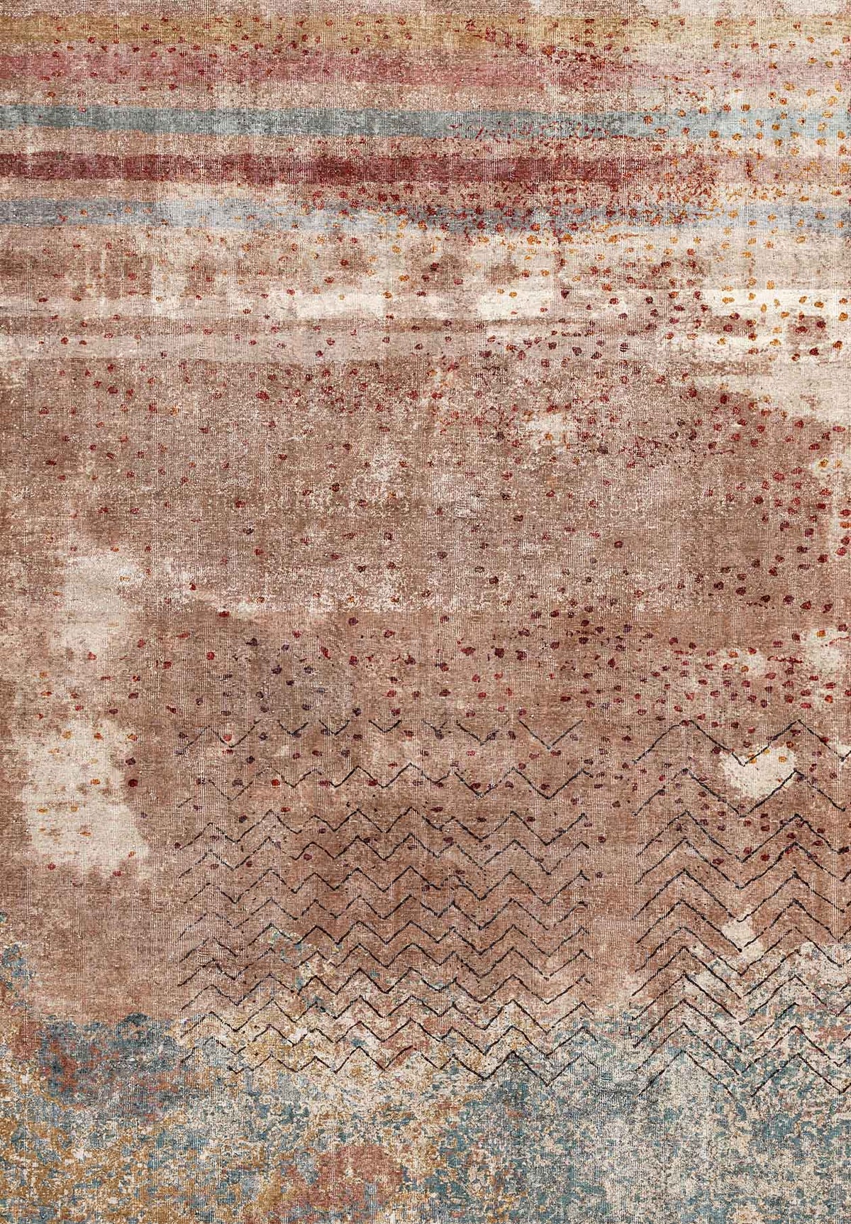 Distressed terracotta, blue, and cream rug with horizontal stripes, scattered dots, and geometric chevron patterns.
