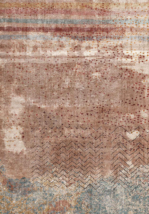 Load image 1 in gallery view. Distressed terracotta, blue, and cream rug with horizontal stripes, scattered dots, and geometric chevron patterns.