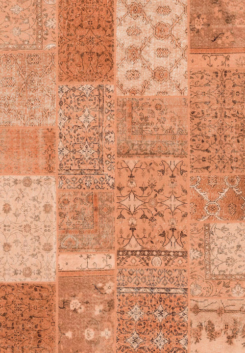 Load image 1 in gallery view. The Terracotta Patch - Washable Rug - JRN1037 (Custom Size) features a flat weave with a grid of rust, terracotta, and beige rectangles in intricate traditional patterns, creating an orange patchwork mosaic.
