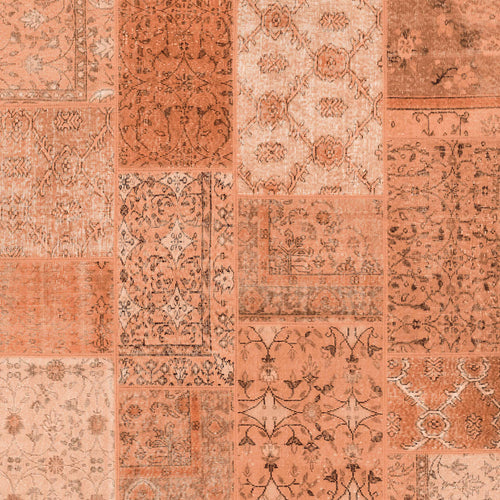 Load image 1 in gallery view. The Terracotta Patch - Washable Rug - JRN1037 (Custom Size) features rectangular burnt orange and beige panels with vintage-style floral and geometric patterns, offering varied detail and flat weave texture.